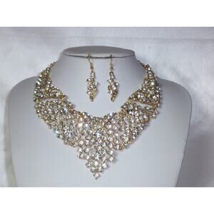 Gold rhinestone necklace set, bridal wedding MOB necklace, prom party necklace